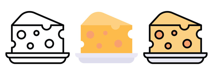 Cheese Icon Set in Outline, Color & Flat Style