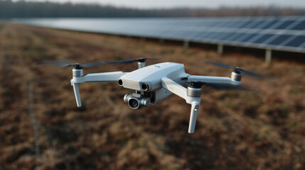 Drone flying over a field of solar panels.