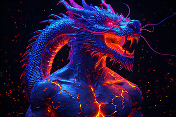 uomo con testa e coda di drago al neon sul torso umano, man with a neon dragon head and tail on a human torso