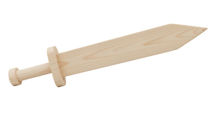 A simple unfinished wooden toy sword with a crossguard and pommel on a black background