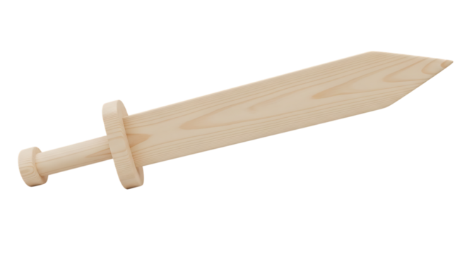 A simple unfinished wooden toy sword with a crossguard and pommel on a black background