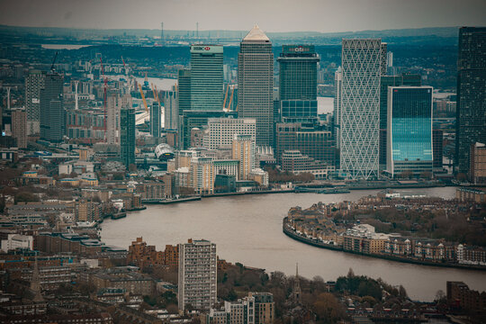 Canary Wharf Financial District Aerial Urban Skyline Cityscape View, Citi Citibank, Soci&eacute;t&eacute; G&eacute;n&eacute;rale SA Bank, HSBC, Isle Of Dogs, Square Mile, City Of London Docklands, England, UK &ndash; 16 November 2025