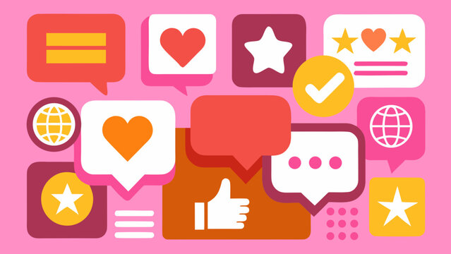 Collection of colorful speech bubbles with icons representing various feedback and social interaction types