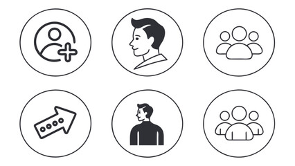 A collection of six circular icons featuring people, a plus sign, and a dotted arrow design element