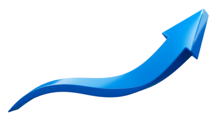 Vibrant blue arrow ascending sharply against a stark black background symbolizing growth