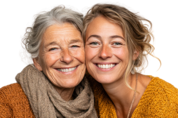 Shared Smile of a Mother and Daughter: A touching portrait of an elder mother and her daughter, their faces alight with genuine smiles, showcasing the enduring bond and happiness of kinship.