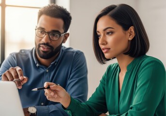 Diverse colleagues collaborating on a project using a laptop