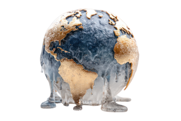Melting World: A globe visually conveys the urgent environmental issue of global warming and climate change through the depiction of melting glaciers and ice caps.