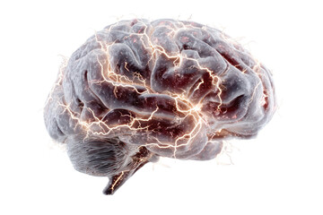 Brain Spark: A detailed view of a human brain, its intricate folds and structures illuminated by glowing electrical impulses, symbolizing the power of thought and the wonders of the mind.
