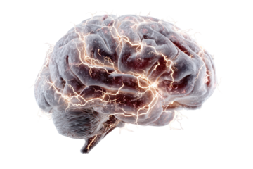 Brain Spark: A detailed view of a human brain, its intricate folds and structures illuminated by glowing electrical impulses, symbolizing the power of thought and the wonders of the mind.