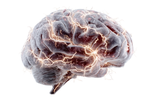 Brain Spark: A detailed view of a human brain, its intricate folds and structures illuminated by glowing electrical impulses, symbolizing the power of thought and the wonders of the mind.
