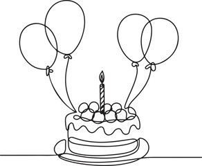 Continuous Line Drawing of Birthday Cake and Balloons – Vector Illustration