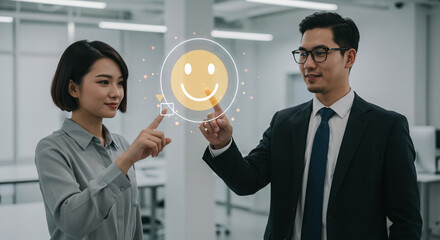 Diverse professionals interacting with a glowing happy face satisfaction rating interface, symbolizing excellent customer feedback and positive user experience in modern business.