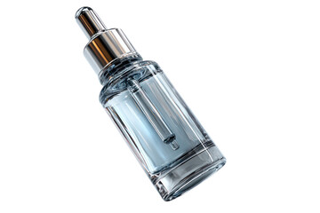 Serum bottle illustration: A serum bottle, elegantly designed with a clear glass body and a metallic dropper, holds a translucent serum, symbolizing beauty and skincare.