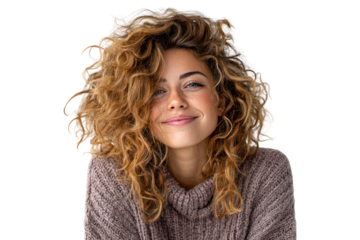 Radiant Confidence: A woman with beautiful, curly hair showcases a genuine smile, embodying effortless beauty and self-assurance.