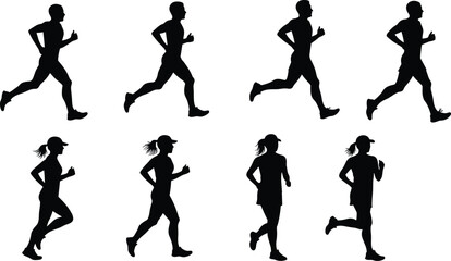 Black silhouettes of men and women running in various poses on a white background 1