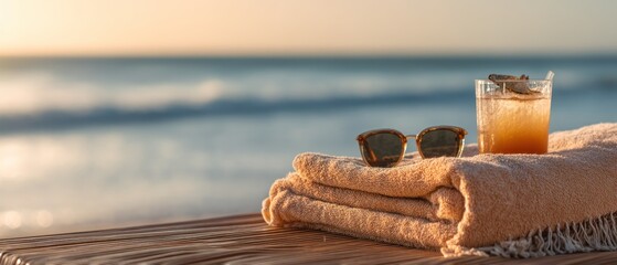 Beach scene with towel sunglasses and beverage relaxation and vacation concept