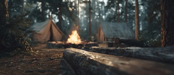 Campfire burning near tents in a forest with trees and logs at dusk or dawn