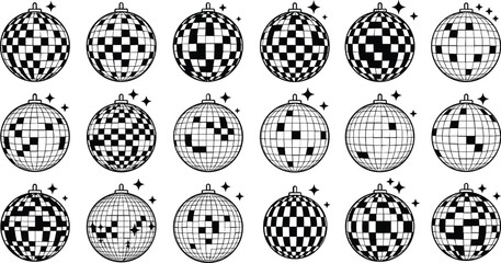 Collection of black and white disco balls with sparkling stars mirror ball party
