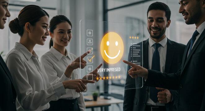 Diverse team collaborates joyfully interacting with futuristic digital interface for customer feedback and satisfaction metrics