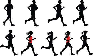 Collection of black silhouettes of men and women running in various poses runner