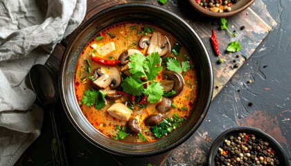 A close-up, top-down view of a steaming bowl of Tom Yum soup, filled with mushrooms, chili peppers, and cilantro.
