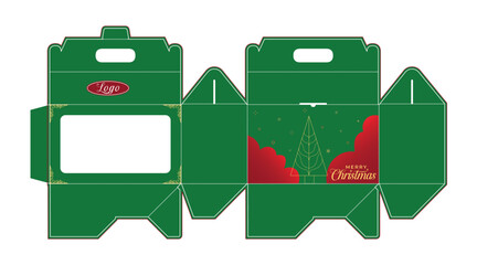 Holiday event gift box dieline design red and green chritmas tree printable packaging craft set