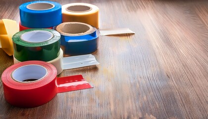 different colored adhesive tapes arranged on a wooden surface packaging and adhesive tape tools and supplies the concept of adhesion and packaging materials