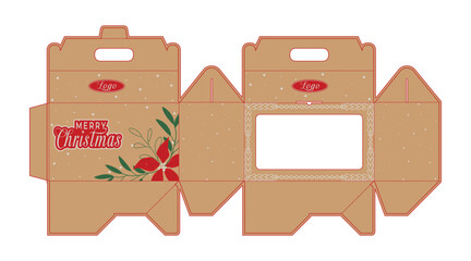Printable dieline for festive packaging gift boxes marry christmas flower, leaves invitation template design