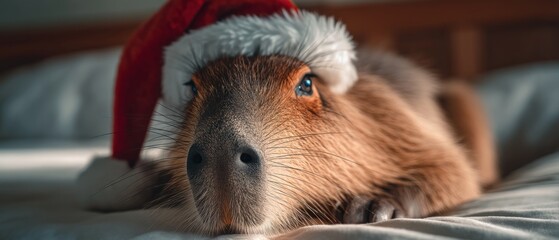 Capybara wearing a santa hat on a bed cozy scene festive holiday animal