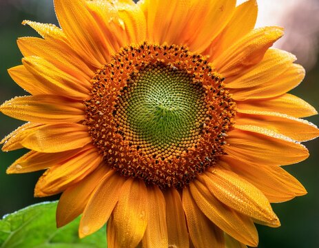 close up of sunflower with dewdrops vibrant petals and green center against blurred background displaying freshness and natural beauty