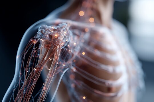 Digital representation of human shoulder, nerves, and skeletal structure. Symbolizes pain, sensation, anatomy, AI, health, medicine, and technology.