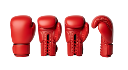 Four red boxing gloves lined up against a stark black background in a studio setting
