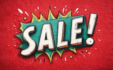 A cartoon drawing of a sale sign with a red background