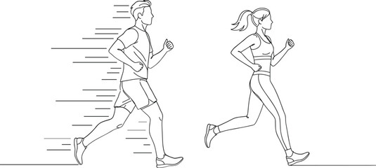 Line art illustration of a man and woman running side by side with motion lines couple