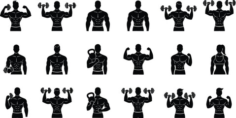 Silhouette male and female figures exercising with dumbbells and kettlebells woman