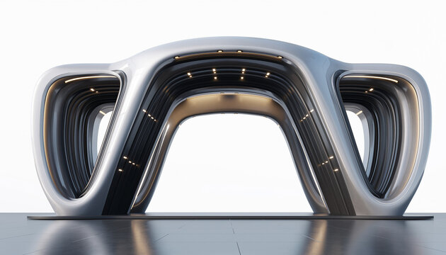Captivating futuristic architectural gateway with sleek metallic curves and ambient golden lighting, designed for modern innovation.