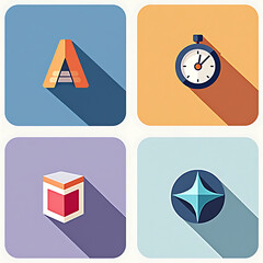 Set of four flat design icons with long shadow effect on colored backgrounds