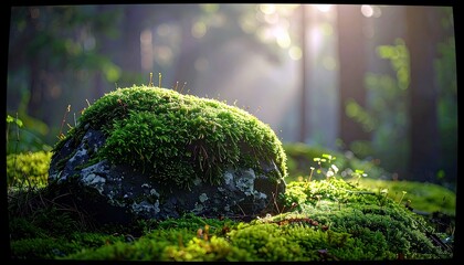 A moss-covered rock sits in a sun-dappled forest, surrounded by vibrant green moss and delicate plants.