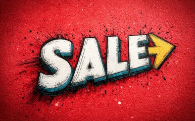 A red background with a white arrow pointing to the word "sale" in blue