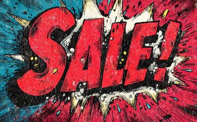 A comic book style drawing of the word Sale with a red explosion surrounding it