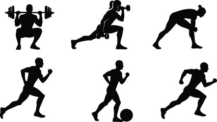 Six black silhouettes of people exercising and playing sports fitness exercise