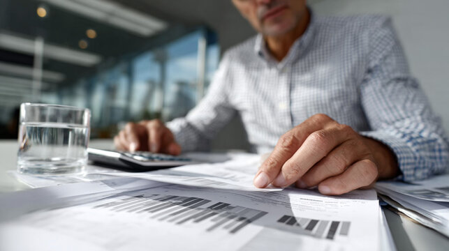 Person reviewing financial documents graphs.