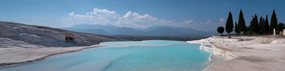 Fototapeta premium Panoramic view of pamukkale thermal pools with clear sky and distant mountains