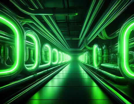 industrial metallic pipeline with green neon lights in a dark underground tunnel concept of technology engineering and futuristic infrastructure