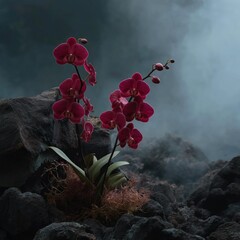 Vibrant red orchids amidst mystical mist on dark rocky terrain
