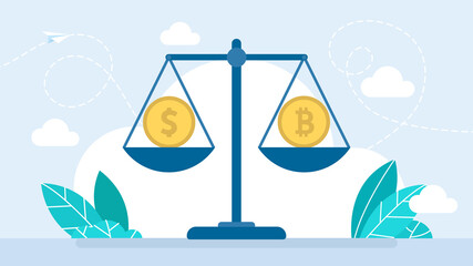 Libra. Weighing Scales with dollar and bitcoin coins, Compare Financial Balance, Exchange Rates, Exchange of Money Scales. Cryptocurrency. Business concept. Exchange rate. Flat illustration