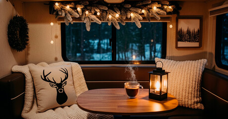 Cozy Christmas interior of a camper with a wooden table, a lantern, and decorative pillows. Warm lighting creates a welcoming atmosphere. Snowy landscape visible through the windows.