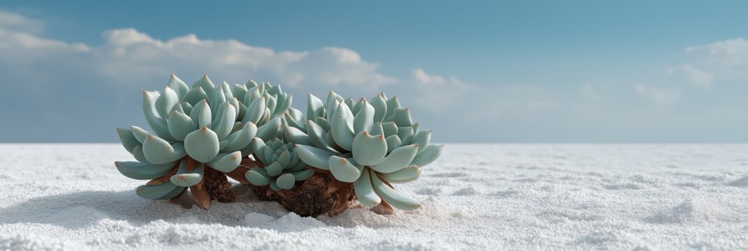 Succulent plants in white sandy desert under blue sky