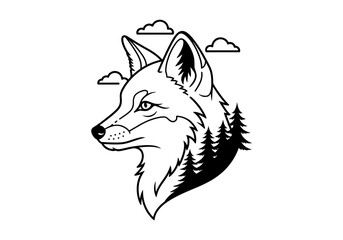 Fox head outline with forest and clouds in minimalist black and white design